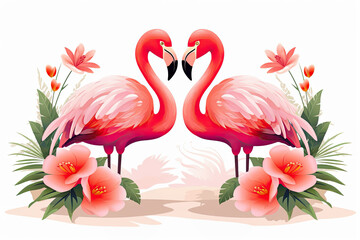 Two flamingos in love on a white background.
