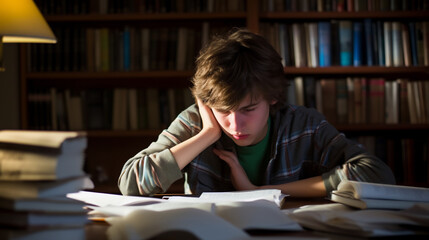 Tired teenage boy student holding his head while sitting in library, student feels tired due to long preparations for college exam, deadline task