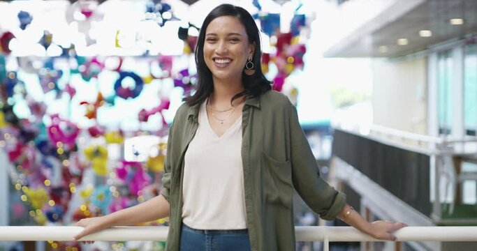 Business, woman and face or smile in workplace with confidence, cheerful or pride for corporate career. Entrepreneur, person or portrait with happy in modern workspace for startup or professional job
