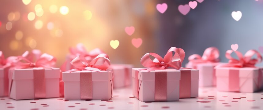 Close up of Valentine's Day presents. White gift boxes with red ribbon bow tag over blurred heart shape bokeh background with lights.