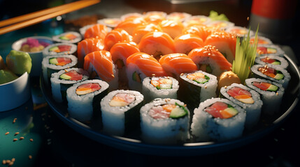 sushi, salmon rolls, on a round dish, backlight.Generative AI