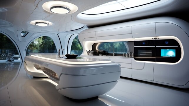 A futuristic kitchen with glossy white surfaces, LED accents, and state-of-the-art appliances