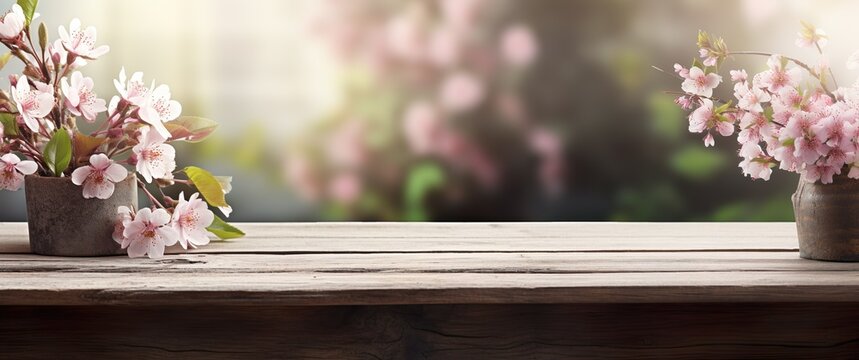 Fototapeta Empty wooden table, display with spring nature theme background. Beautiful blooming cherry branches. Wide banner with copy space for product presentation, showcase.