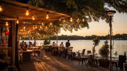 guinguette restaurant au bord de l'eau avec terrasse ombragée et guirlandes lumineuses - obrazy, fototapety, plakaty