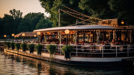 péniche restaurant au bord de l'eau avec terrasse ombragée et guirlandes lumineuses - obrazy, fototapety, plakaty