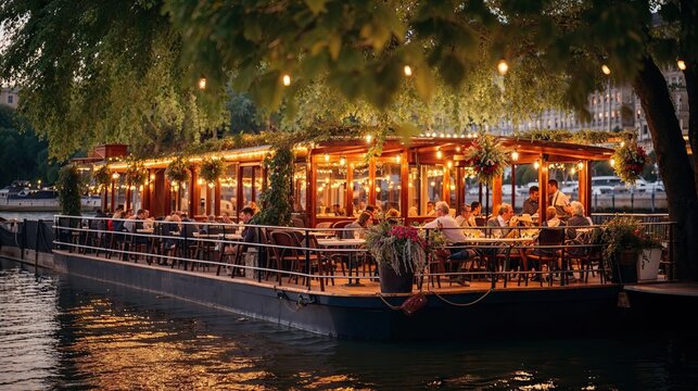 péniche restaurant au bord de l'eau avec terrasse ombragée et guirlandes lumineuses