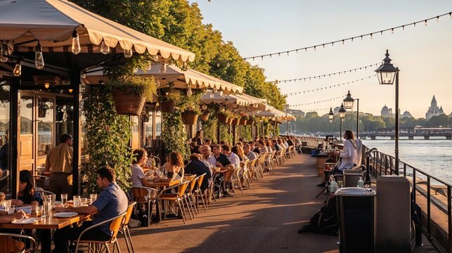 guinguette restaurant au bord de l'eau avec terrasse ombragée et guirlandes lumineuses