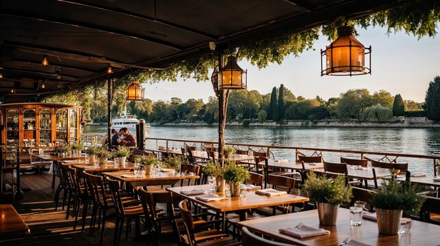 guinguette restaurant au bord de l'eau avec terrasse ombragée et guirlandes lumineuses
