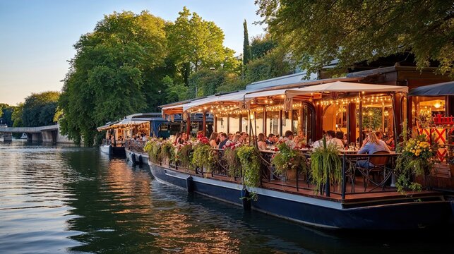 péniche restaurant au bord de l'eau avec terrasse ombragée et guirlandes lumineuses
