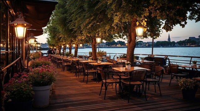 guinguette restaurant au bord de l'eau avec terrasse ombragée et guirlandes lumineuses