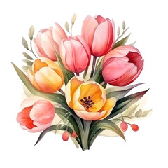 Obraz na płótnie Canvas cute watercolor tulip flower bouquet in basket isolated