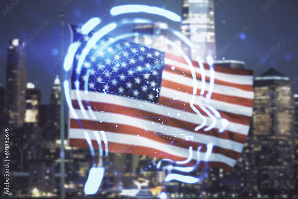 Poster double exposure of creative artificial intelligence hologram on usa flag and blurry cityscape backgr