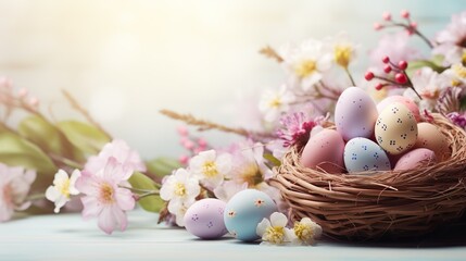 Fototapeta na wymiar Beautiful pastel color Easter eggs and flowers in a basket with copy space. Colorful spring theme background.