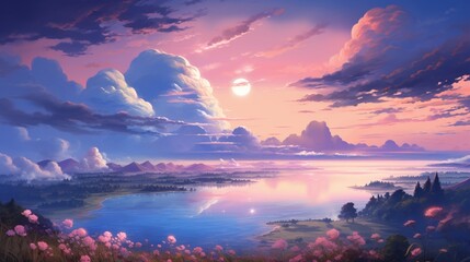 A breathtaking sunset over a serene pink and blue landscape."