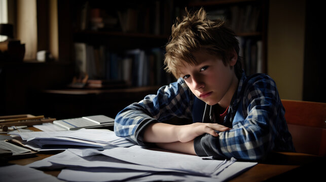 Tired teenage boy student holding his head while sitting in library, student feels tired due to long preparations for college exam, deadline task