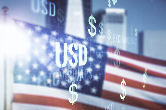 Double exposure of virtual USD symbols hologram on USA flag and blurry cityscape background. Banking and investing concept