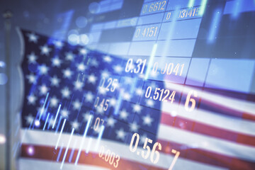 Double exposure of virtual creative financial diagram on US flag and blue sky background, banking...
