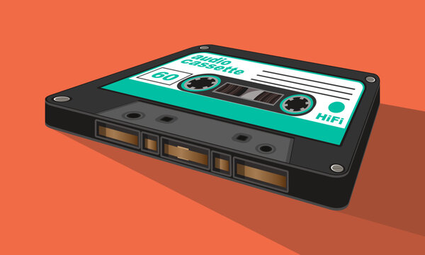 Audio cassette from the 1980s lying on a horizontal surface. Isometric perspective image. Vector illustration