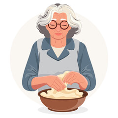 An elderly woman kneads dough in a bowl. Grandmother working in the kitchen. The concept of cooking, food preparation. Home or factory business. Volunteer work. Vector. 