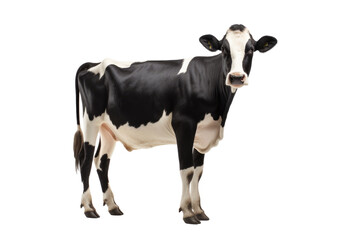 a black and white cow is standing on top of isolated a white background