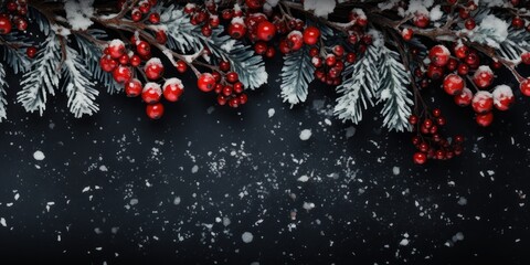  a branch of a tree covered in snow with red berries and evergreen needles on a black background with snow flakes.