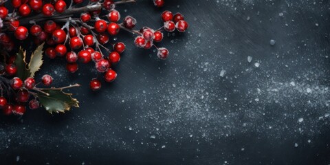  a bunch of red berries sitting on top of a table next to a branch with leaves and berries on it.