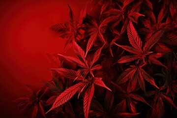  a close up of a bunch of leaves on a red background with a red light in the middle of the picture.
