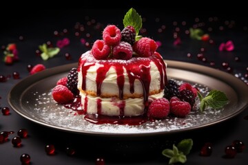  a piece of cake with raspberries on top of it on a plate with some sugar on top of it.