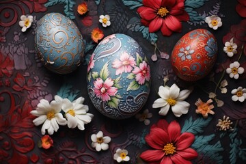 Obraz na płótnie Canvas a group of three decorated eggs sitting on top of a table next to a bunch of white and red flowers.