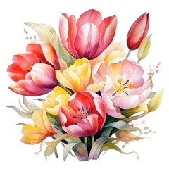 cute watercolor tulip flower bouquet in basket isolated