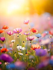 Obraz na płótnie Canvas Colorful spring flowers on a meadow, blurry sunlight background 