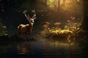  a deer is standing in the middle of a body of water in front of a forest with lots of flowers.