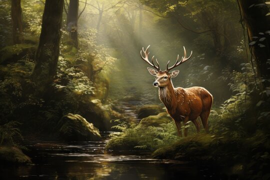  a painting of a deer standing in the middle of a forest with a stream running through the middle of it.