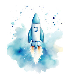 a blue and white space rocket is painted and surrounded by stars, isolated