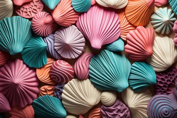  a close up of a bunch of different colored seashells on a sheet of colored paper that looks like seashells.