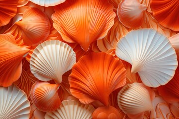  a bunch of orange and white seashells that are all over the place for a background or wallpaper.