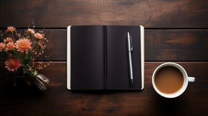 A top-down view of an elegantly arranged desk with a leather-bound journal, a vintage pen, and a steaming cup of coffee, providing object copy space