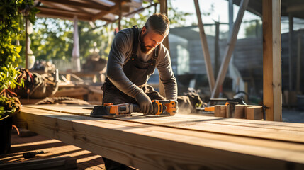 Carpenter sanding wood piece with sander and building handmade furniture piece in workshop