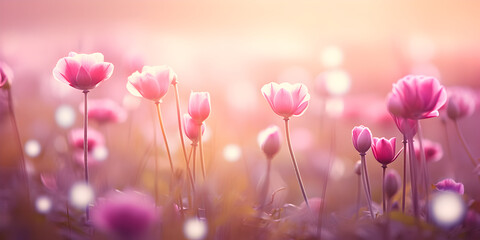 Pink spring flowers on a meadow, blurry sunlight background 