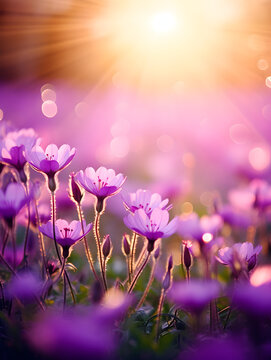 Fototapeta Purple spring flowers on a meadow, blurry sunlight background 