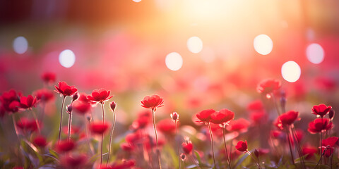 Fototapeta premium Red spring flowers on a meadow, blurry sunlight background 