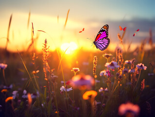 Summer wild flowers and flying butterfly in a meadow at sunset
