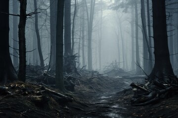  a path through a dark, foggy forest with lots of trees on both sides of the path and a few fallen...