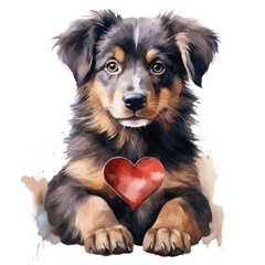 cute watercolor dog with heart isolated