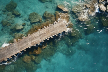 Aerial view of turquoise water and wooden jetty
