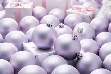  a group of purple balls with bows and bows on them in front of a white box with a pink bow.