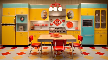 A mid-century modern kitchen with bold colors, retro appliances, and geometric patterns