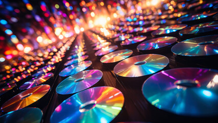 musical background made of shiny discs generative ai - obrazy, fototapety, plakaty