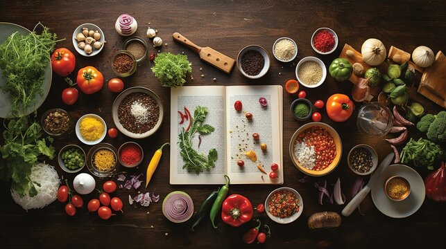 An overhead view of a neatly arranged kitchen counter with fresh ingredients, utensils, and open cookbooks, inviting culinary creativity