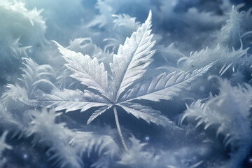 white frozen cannabis leaf covered with frost generative ai